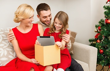 Image showing smiling family with tablet pc