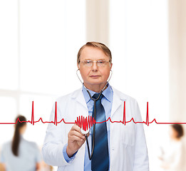 Image showing smiling doctor or professor with stethoscope