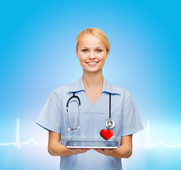 Image showing smiling female doctor or nurse with tablet pc