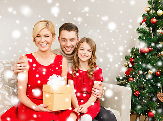 Image showing smiling family holding gift box