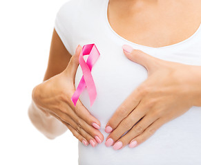 Image showing woman with pink cancer awareness ribbon