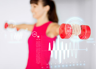 Image showing sporty woman hands with light red dumbbells