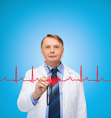 Image showing smiling doctor or professor with stethoscope