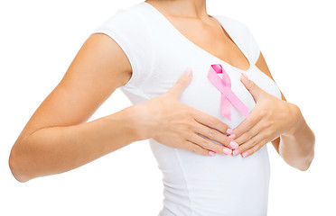 Image showing woman with pink cancer awareness ribbon