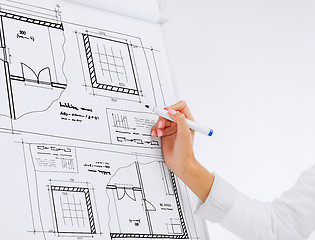 Image showing businesswoman drawing blueprint on flip board