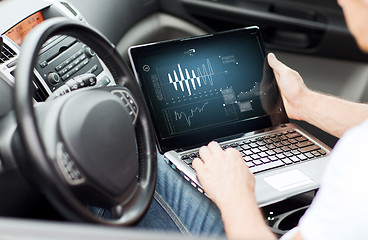 Image showing man using laptop computer in car