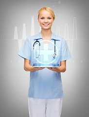 Image showing smiling female doctor or nurse with tablet pc