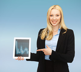 Image showing smiling woman with tablet pc and forex chart on it