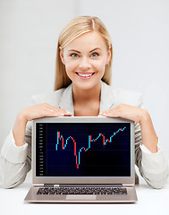 Image showing smiling woman with laptop and forex chart