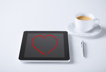 Image showing tablet pc and pen with cup of coffee