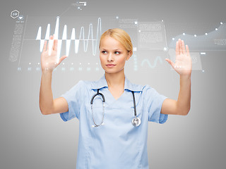 Image showing doctor or nurse working with virtual screen