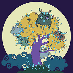 Image showing Owls in tree. Funny cartoon illustration.