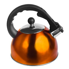 Image showing iron orange yellow kettle kitchen isolated on  white background