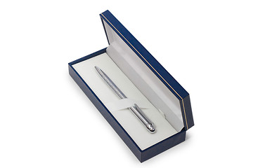 Image showing silver ballpoint pen in a gift box isolated on white background