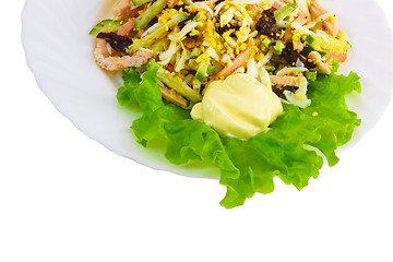 Image showing salad and sausage food plate isolated white background clipping 