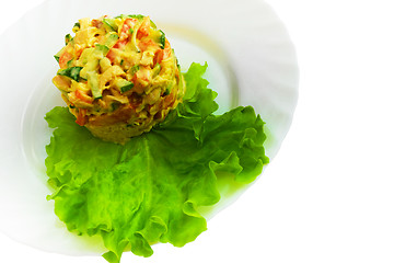 Image showing lettuce cucumbers a tomatoes mayonnaise apple isolated on white