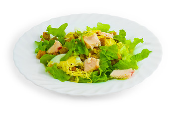 Image showing cheese sausage and bread salad isolated on a white background