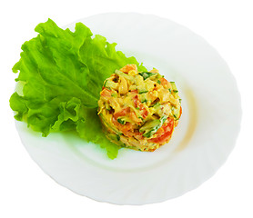 Image showing lettuce tasty cucumbers tomatoes mayonnaise apple isolated on wh