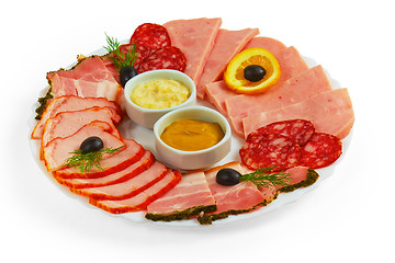 Image showing food sausage sliced ham mustard isolated plate on white backgrou