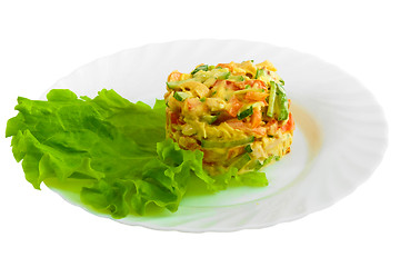 Image showing Salad of fresh cucumbers and tomatoes with chicken with fresh sp