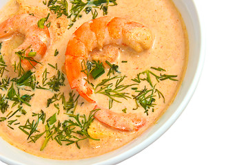 Image showing shrimp soup dill in a bowl isolated on white background clipping