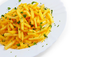 Image showing potatoes and fries plate dill isolated a on white background