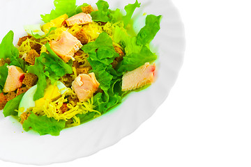 Image showing salad appetizer with cheese, ham and egg fried bread and greens 