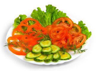 Image showing tomatoes cucumbers sliced?? salad plate isolated on white ba