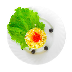 Image showing fresh salad with olives rice egg cucumbers and tomatoes on white