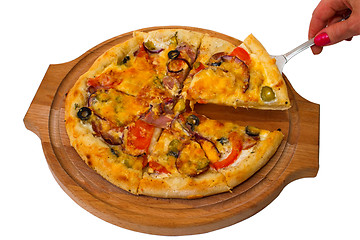 Image showing pizza tasty mushrooms cheese on wooden tray close up white backg