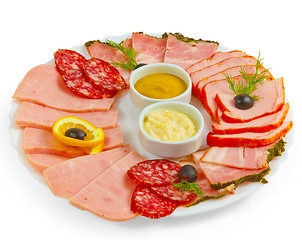 Image showing sausage sliced ham mustard isolated plate isolated a on white ba