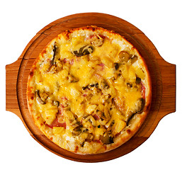 Image showing appetizing mushrooms pizza cheese on wooden tray isolated