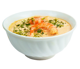 Image showing shrimp soup dill bowl isolated on white background clipping path