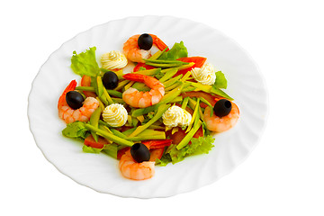 Image showing Fresh Shrimp salad with olives and cream on a white background (