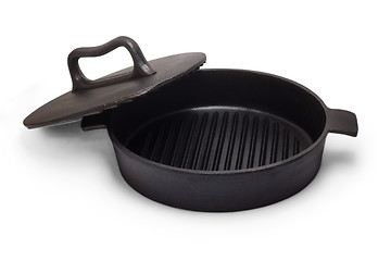 Image showing skillet kitchen design roaster pan black cover fry isolated