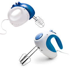 Image showing set kitchenware electric mixer blue Isolated