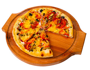 Image showing cheese appetizing tray close pizza with wooden up white backgrou