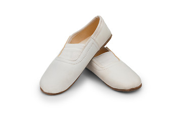 Image showing shoes ballet old children  white pink pointe slippers isolated