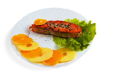 Image showing plate fish tasty boiled salad isolated on white background