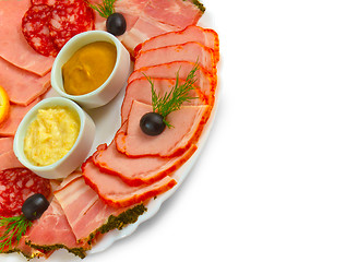 Image showing sliced smoked ham sausage appetizer with mustard, horseradish an