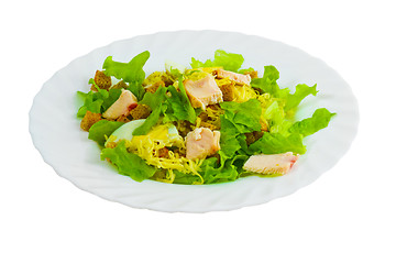 Image showing cheese sausage and bread salad isolated on a white background cl