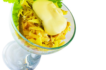 Image showing cheese sausage salad isolated on a white background clipping pat