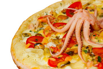 Image showing Pizza large seafood tasty octopus on white background 