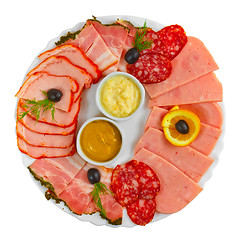 Image showing sliced smoked ham sausage appetizer mustard, horseradish and dil