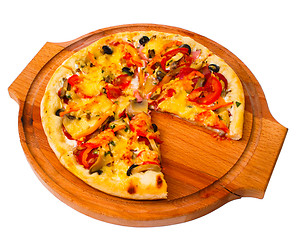Image showing tasty pizza with cheese on wooden tray close up white background
