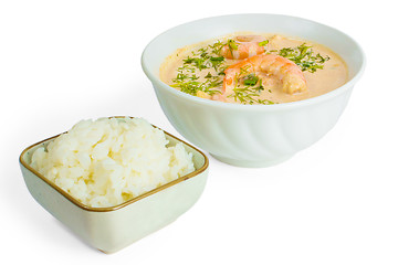 Image showing soup food shrimp rice plate isolated white background