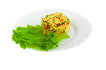 Image showing lettuce a cucumbers tomatoes mayonnaise apple isolated on white