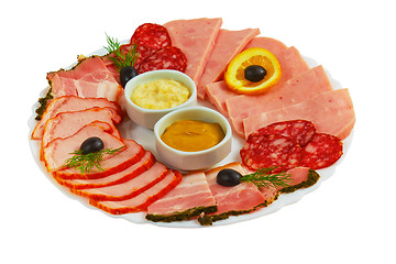 Image showing food sausage sliced ham mustard isolated plate on white backgrou