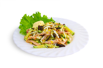 Image showing fresh salad with ham, egg and vegetables isolated on white backg