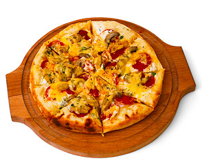 Image showing tasty mushrooms pizza with cheese on wooden tray close up white